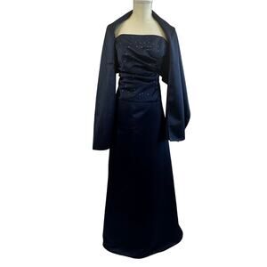FOREVER YOURS Size 8 Navy Blue Formal Gown 3-Piece Strapless Top Skirt Shawl